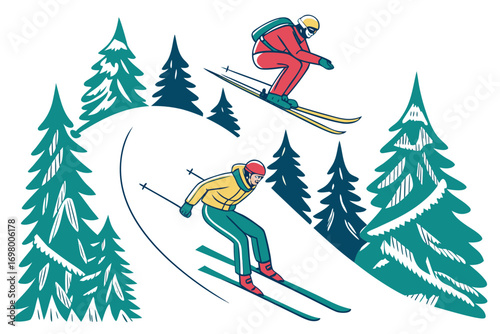Professional skier jumping on snowy hill, ski resort with pine trees, active winter sports vector illustration
