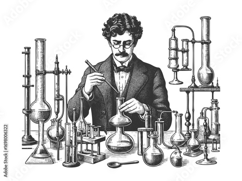 19th century scientist working with glass flasks and chemistry equipment, symbolizing science and discovery sketch engraving generative ai vector illustration. Scratch board. Black and white image.