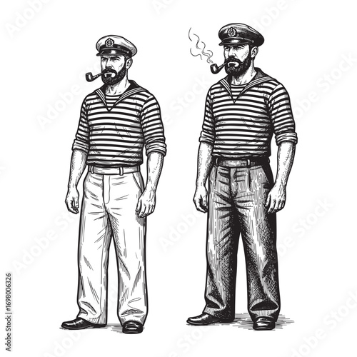 hipster sailor with thick beard and pipe engraving vector illustration