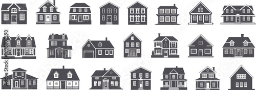 Set of Gray Silhouettes of American Suburban Houses on White Background home building