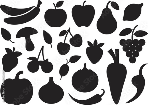 Silhouette collection of fresh fruits vegetables and mushrooms on white background Keywords: banana apple pear lemon strawberry