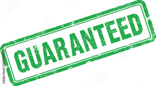 green guaranteed stamp with distressed texture on transparent background