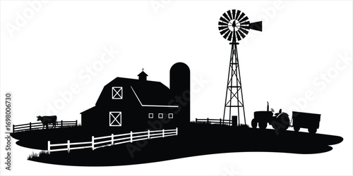 Silhouette of a farm scene with barn, windmill, tractor, and cow on white background Keywords: farm, barn, windmill, tractor