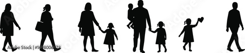 Silhouettes of a family with children and a single person walking on white vector illustration