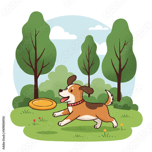 A cute dog joyfully chases a vibrant frisbee in a sunny park with trees, depicted in a charming 2D flat vector illustration style.