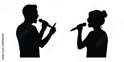 Silhouettes of a man and woman singing into microphones on white background music performance