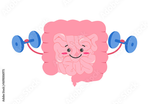 Healthy intestine with dumbbells cartoon character.