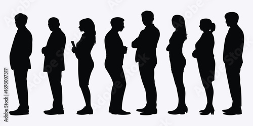 Silhouettes of people in a line facing sideways on a light background Keywords: people silhouette line queue waiting standing man