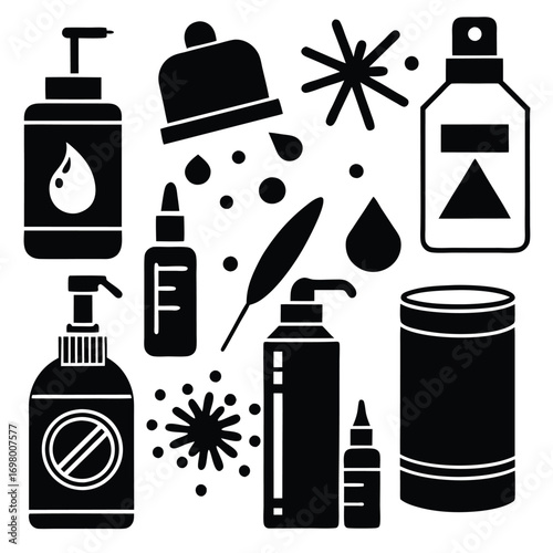 Collection of various black and white icons representing liquids and dispensers for hygiene.