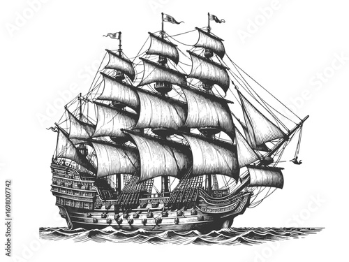 large historic sailing ship with full rigged masts and sails, navigating the ocean waves sketch engraving generative ai vector illustration. Scratch board imitation. Black and white image.