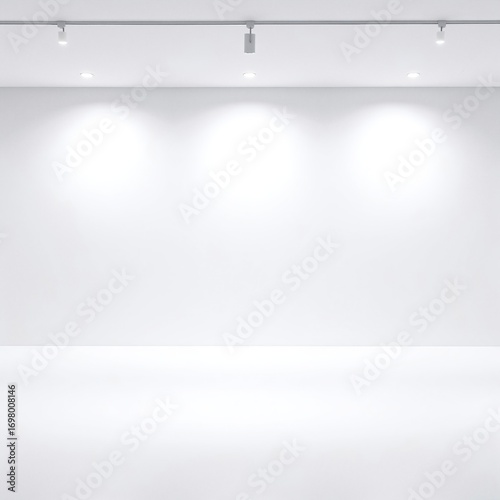 A spacious, empty white room featuring sleek, modern spotlights on the ceiling, illuminating the pristine white floor, creating a bright, airy atmosphere.