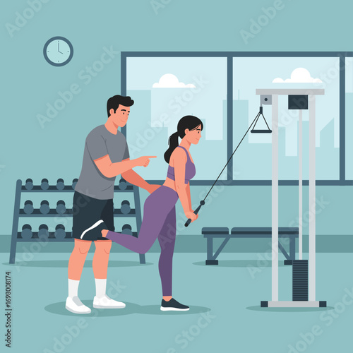 flat vector of male and female character as trainer instructor coach and client using stretching workout machine at gym