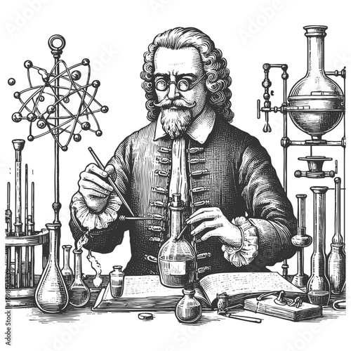 19th century scientist working with glass flasks and chemistry equipment, symbolizing science and discovery sketch engraving generative ai vector illustration. Scratch board. Black and white image.