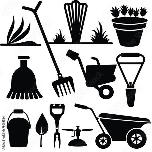 Gardening tools and equipment collection in simple black silhouettes