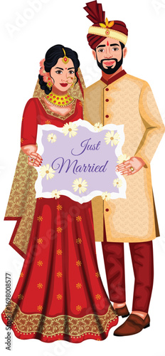 Indian Wedding Couple Bride And Groom Holding Just Married Board Vector Illustartion