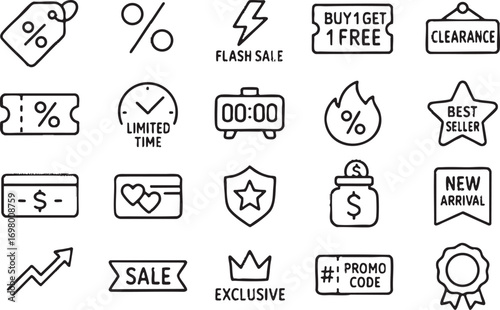 minimal line icons for Black Friday, no color, deep dark strokes, uniform style, white background, clean proportions, consistent line weight, cohesive modern design