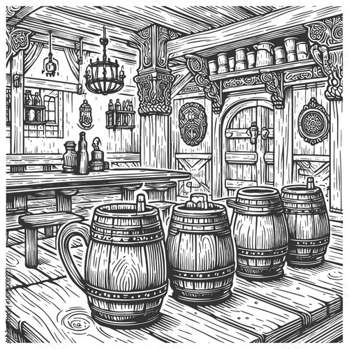old tavern interior featuring wooden barrels, bottles, rustic tables, lanterns, and decorative windows sketch engraving generative ai vector illustration. Scratch board imitation. Black and white.