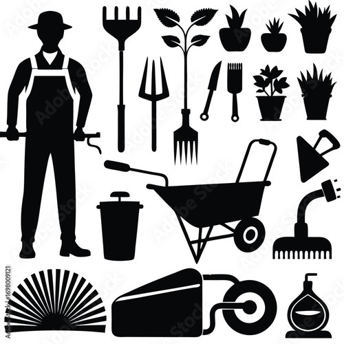 Gardener with tools and plants in a vibrant gardening scene