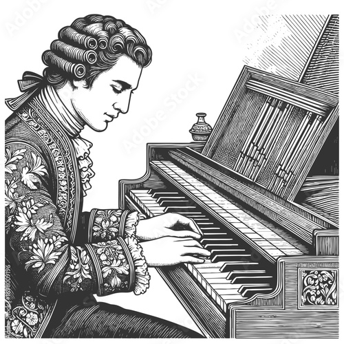 18th century musician in ornate clothing playing the piano, symbolizing classical music, art, and culture sketch engraving generative ai vector illustration. Scratch board. Black and white image.