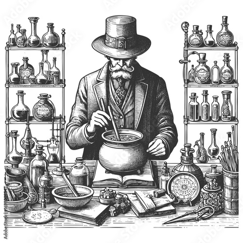 old alchemist working in a laboratory surrounded by flasks, scales, and mysterious equipment sketch engraving generative ai fictional character vector illustration. Scratch board. Black and white.