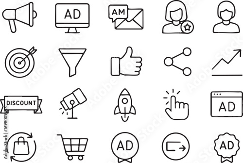 minimal line icons for Black Friday, no color, deep dark strokes, uniform style, white background, clean proportions, consistent line weight, cohesive modern design