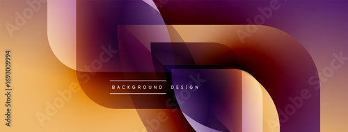 Abstract fluid shapes overlap, creating dynamic gradient effect. Warm tones blend with cool purple hues. Modern design element.