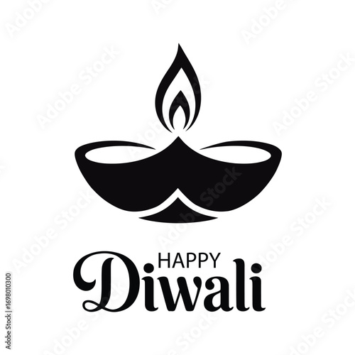 happy diwali greeting with black diya silhouette, flame, and elegant typography symbolizing light, celebration, and spiritual joy