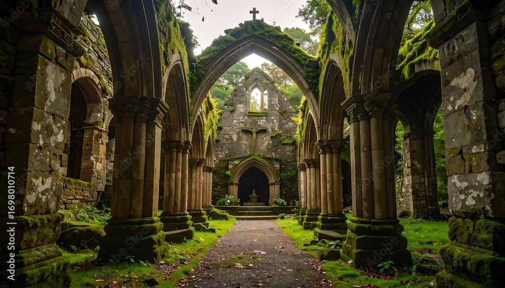 Obraz premium Ruined church overgrown with moss