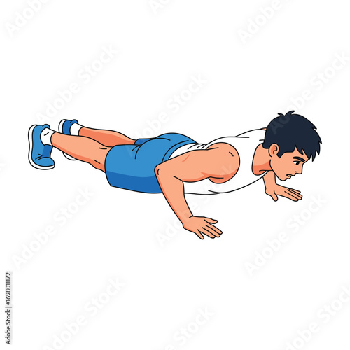 Determined Young Man Performing Push-Ups:  Fitness, Exercise, Strength, Healthy Lifestyle, Cartoon Style Illustration.