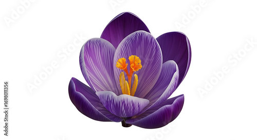 Photography Close up of a vibrant purple crocus flower with yellow stamen blooming in spring