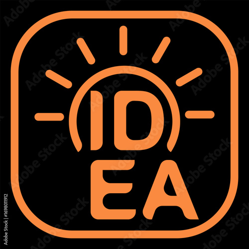 Creative bulb shaped IDEA design with bold orange tones and radiant lines, perfect for innovation, startup, and brainstorming themes.