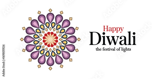 colorful rangoli design with teardrop patterns and festive diwali greeting celebrating the hindu festival of lights and prosperity