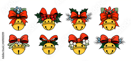Collection of Christmas sleigh bells and jingle bells. Festive holiday elements with stipple texture and a retro print style. Perfect for new year greetings, cards, and seasonal design.