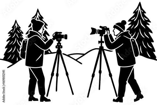 Photographer taking pictures of snowy forest and wildlife, vector illustration