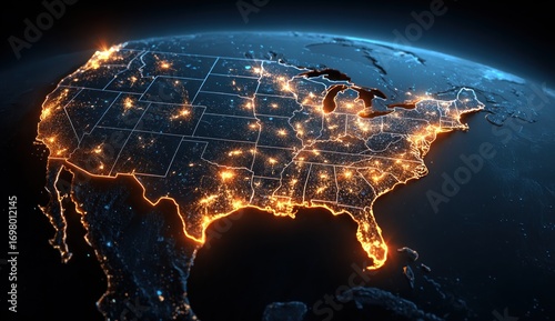 Night view of the USA on a globe.  Cities highlighted
