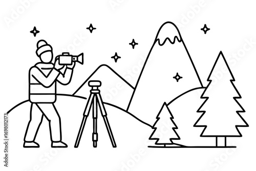 line art Photographer taking pictures of snowy forest and wildlife, vector illustration
