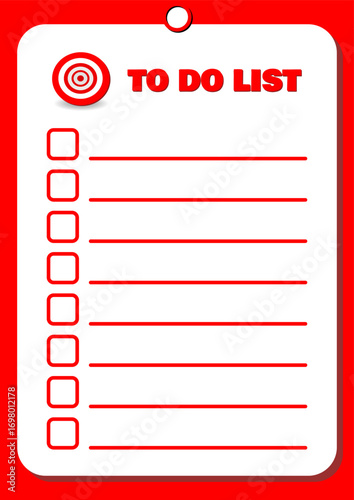 Clean red and white TO DO LIST layout with checkboxes and target icon, ideal for productivity, planning, task management, and personal goal tracking.