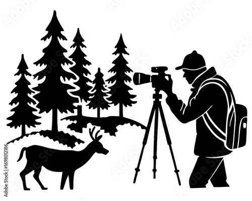 Photographer taking pictures of snowy forest and wildlife, vector illustration
