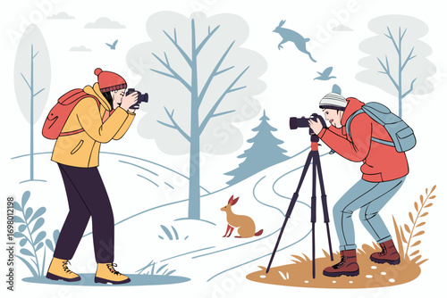Photographer taking pictures of snowy forest and wildlife, vector illustration