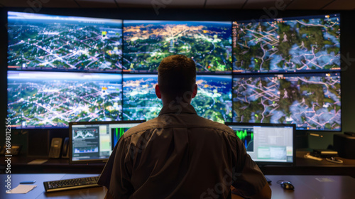 A surveillance operator analyzing real-time aerial city data on a multi-screen video wall in a dark command center