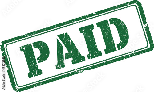 green paid stamp with textured edges on transparent background