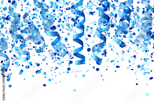 Abstract, dynamic, blue confetti shower cascading on dark background