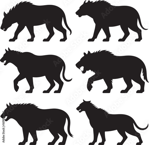 Six Black Silhouette Prehistoric Animals on White Background mammal lion