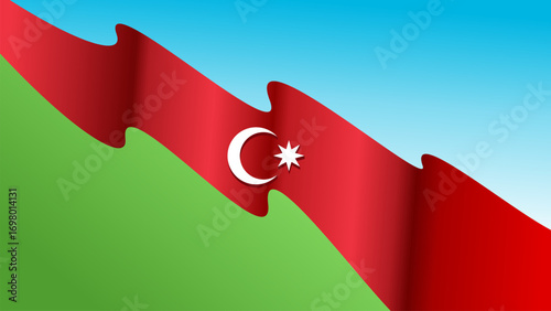 Modern Azerbaijan flag design with flowing red band, crescent, and star over green and blue background, ideal for cultural content, unity themes, and patriotic visuals.