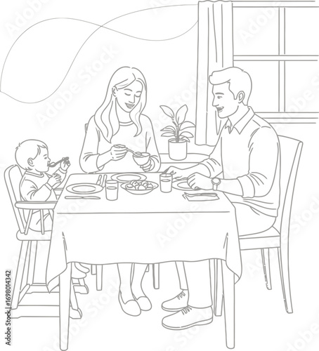Vector art of family of three having dinner at home