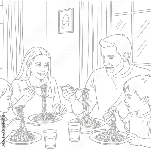 Vector art of family dinner coloring page with parents and children eating spaghetti