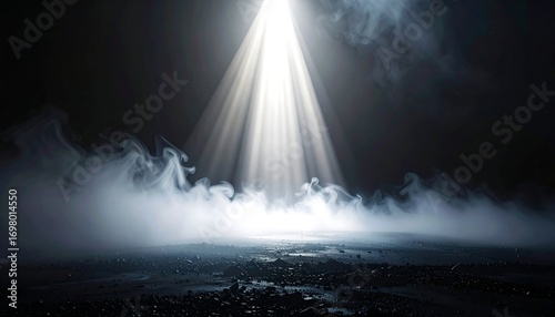 A dramatic spotlight illuminates a misty, rocky ground with emanating light rays, creating a theatrical, ethereal atmosphere