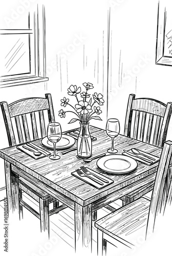 Illustration of a table setting with flowers