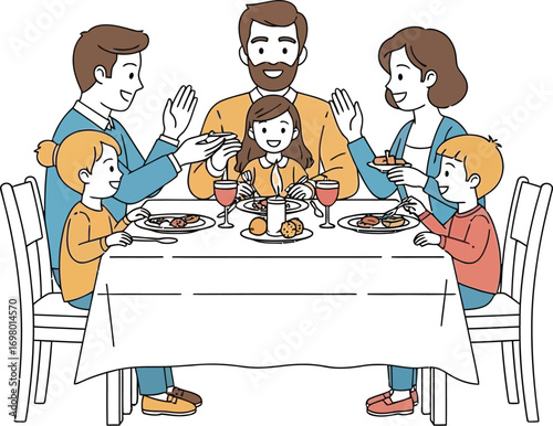 Vector art of family of six people having dinner together