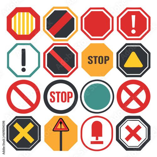 Collection of modern traffic signs and symbols for safety and warning